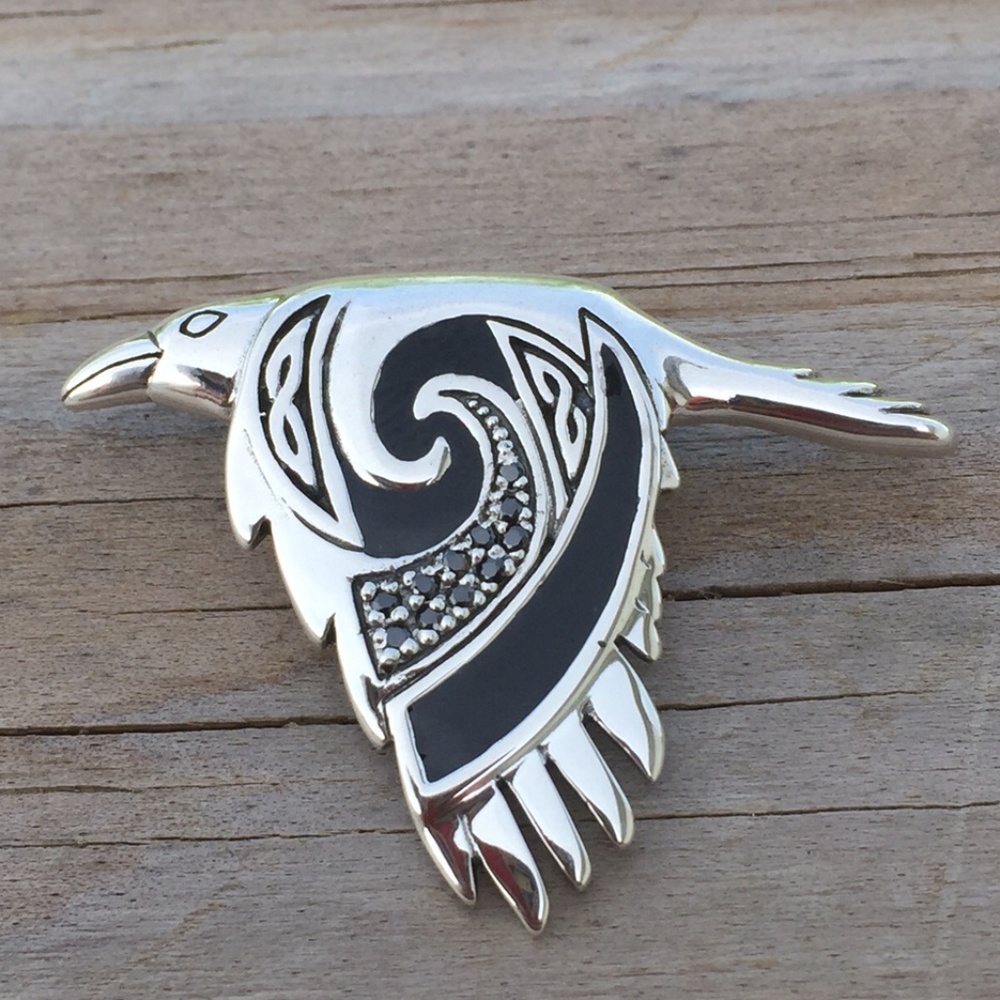 Raven in Flight Pendant .925 Sterling Silver w/ Black CZ and enamel Peter Stone
